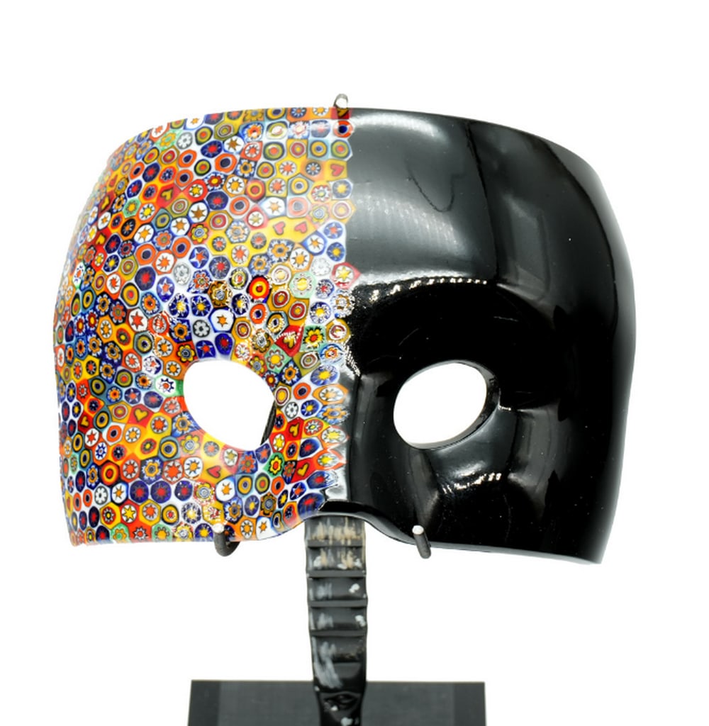 Carnival Mask Bauta – Black with Murrine and Millefiori – Murano Glass: Carnival Mask Bauta – Black with Murrine and Millefiori – Murano Glass This charming carnival mask is crafted using the glass fusing technique, incorporating millefiori for intricate, colorful
