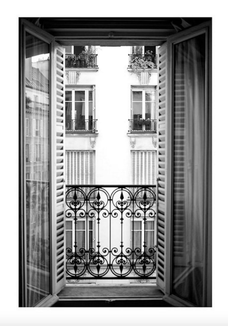 Black & White Parisian Balcony Poster Print: Black & White Parisian Balcony Poster Print Photograph in black and white of a French balcony in an open window with a facade in the background. Classic photo art in black and white is timeless, a