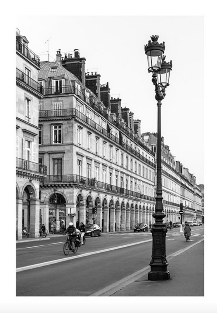 Black & White Parisian Street Poster Print: Black & White Parisian Street Poster Print Photography in black and white of a lantern on the street in front of a building. Trendy poster with an old-school feeling. The poster is printed with a 