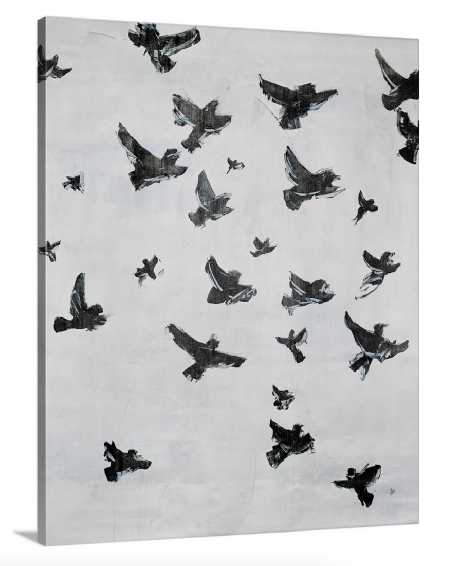 Keep the Birds Company Canvas Reproduction Wall Art: Keep the Birds Company Canvas Reproduction Wall Art This canvas depicts black birds fleeing on a white/grey canvas. Artist Joshua Schicker lived in a number of diverse locations during his youth, whic