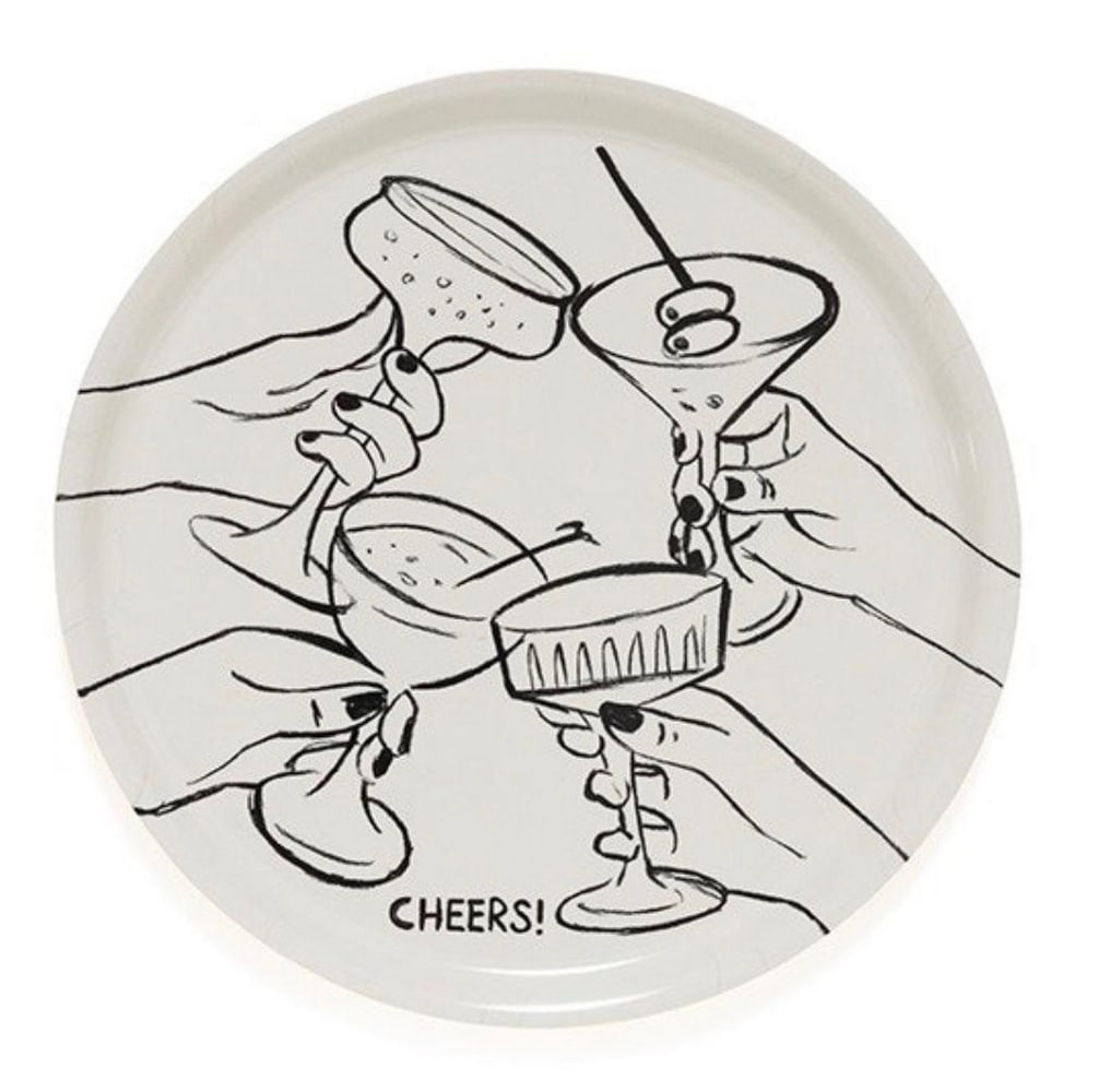 It's Time To Cheers Tray: It's Time To Cheers Tray Tray with black line art of cocktail glasses in hands and the text "Cheers!" on an off-white background. Serve your party foods on this tray or bring it out any