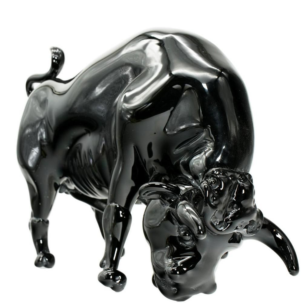 Black Murano Glass Bull Sculpture: Black Murano Glass Bull Sculpture Elevate your space with the Handmade Black Glass Bull Sculpture. Crafted with meticulous attention to detail, this stunning piece of glass artwork captures the