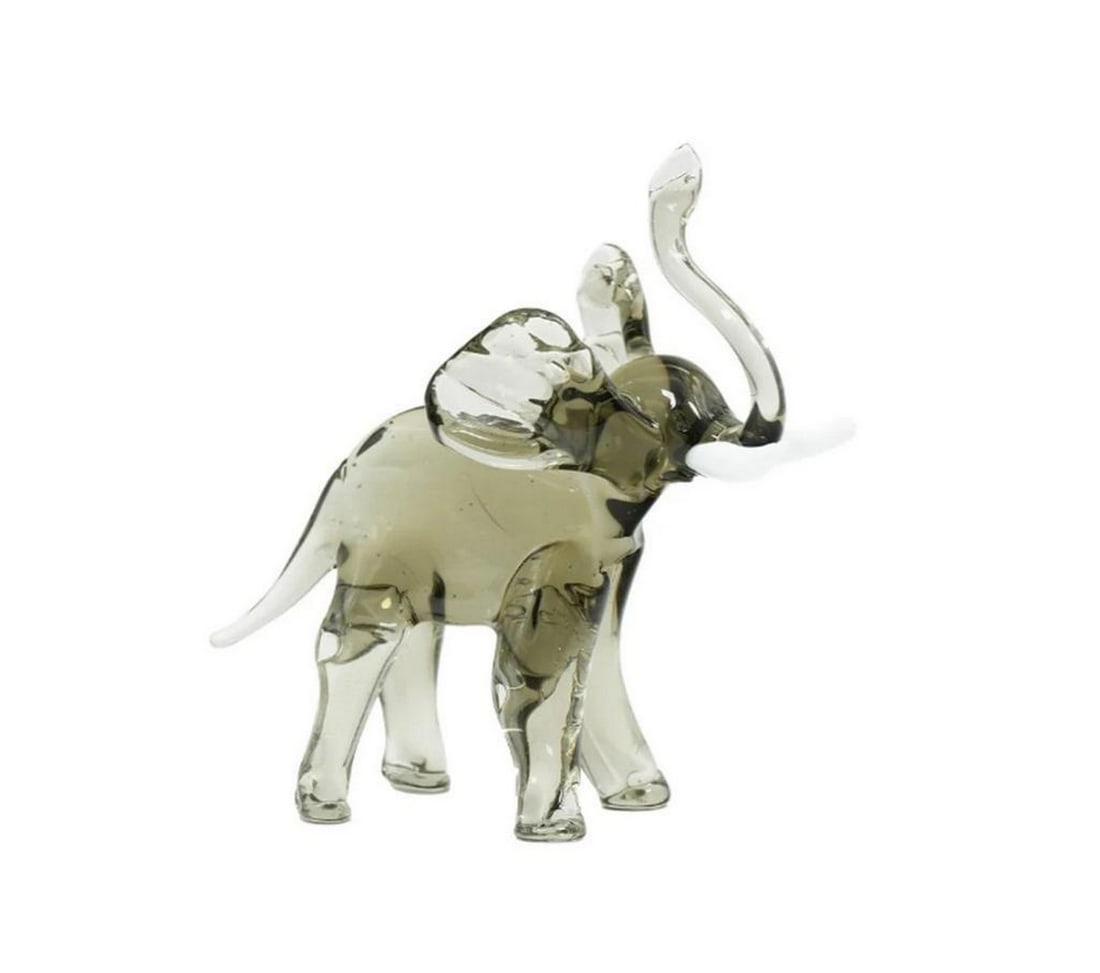 Murano Glass Handmade Elephant Figurine in Smoked Glass: Murano Glass Handmade Elephant Figurine in Smoked Glass This elephant sculpture is crafted from smoked Murano glass using the warm glass modeling technique. The artwork is signed by the glass master,