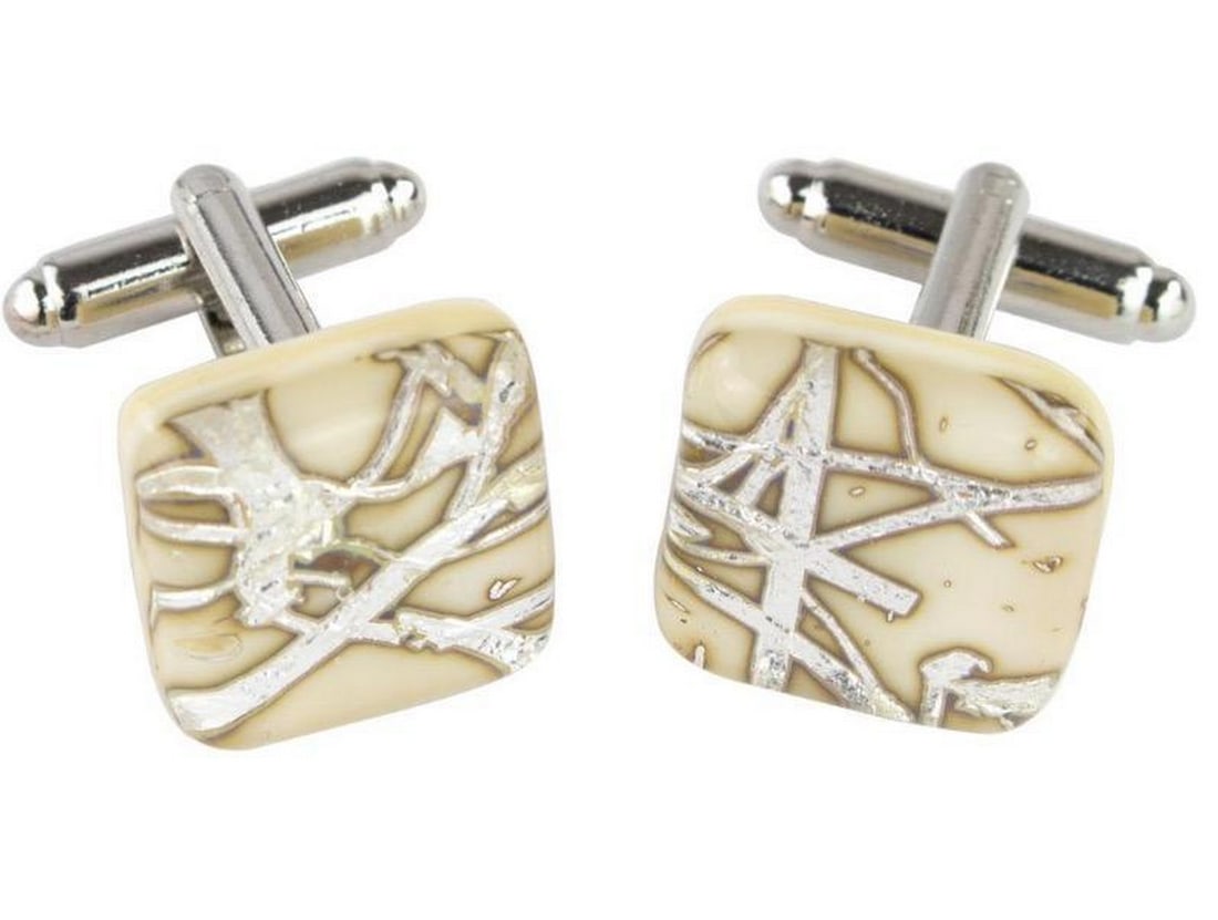 Cream White Pattern Murano Glass Men's Cuff Links (1 of 2)