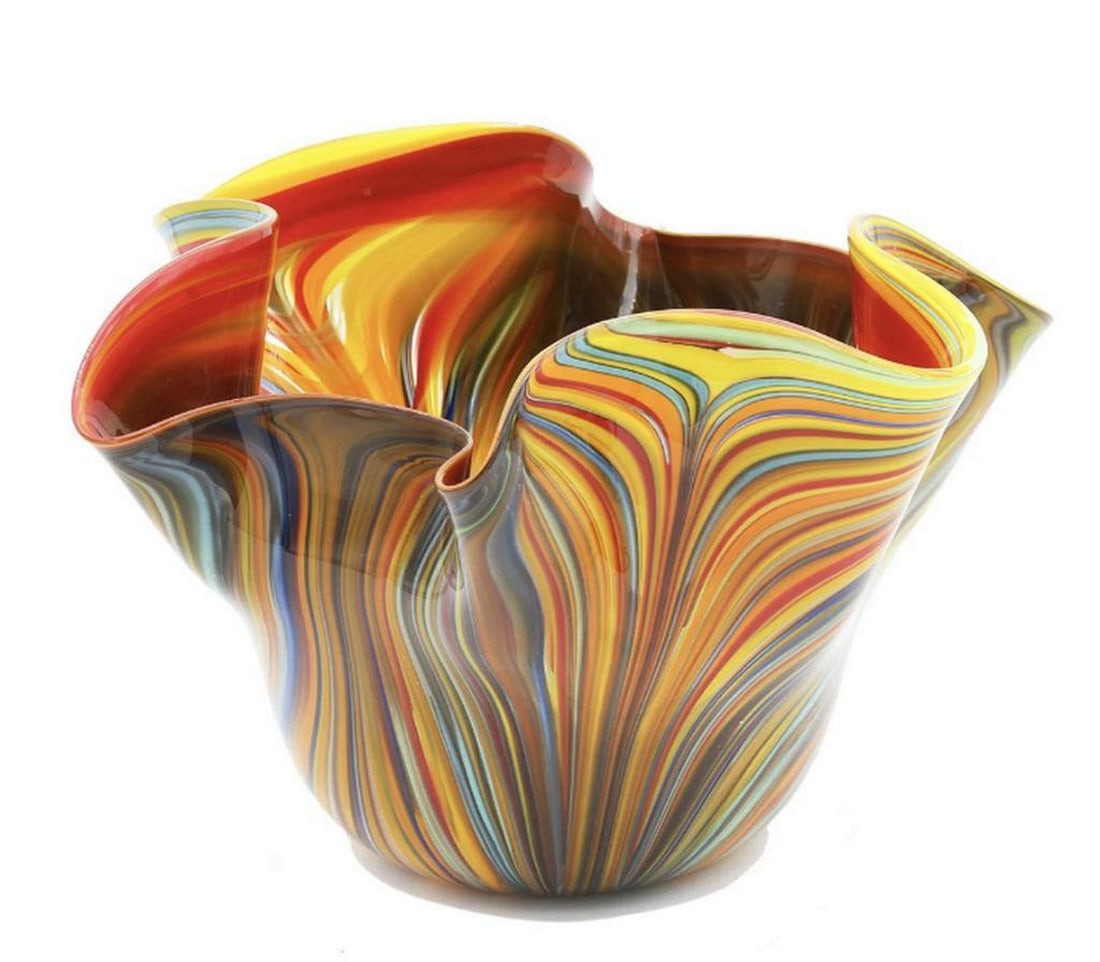 Multicolor Missoni Murano Glass Centerpiece Bowl: Multicolor Missoni Murano Glass Centerpiece Bowl A vibrant and artistic piece featuring a swirl of colors including red, yellow, green, and brown. Its distinctive wavy design and intricate color patte