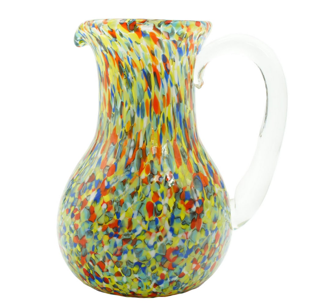 Polychrome Venice Stained Pitcher Murano Blown Glass: Polychrome Venice Stained Pitcher Murano Blown Glass This carafe is crafted using the glassblowing technique with macete—small glass pieces that add vibrant color. Ideal for everyday use with water,
