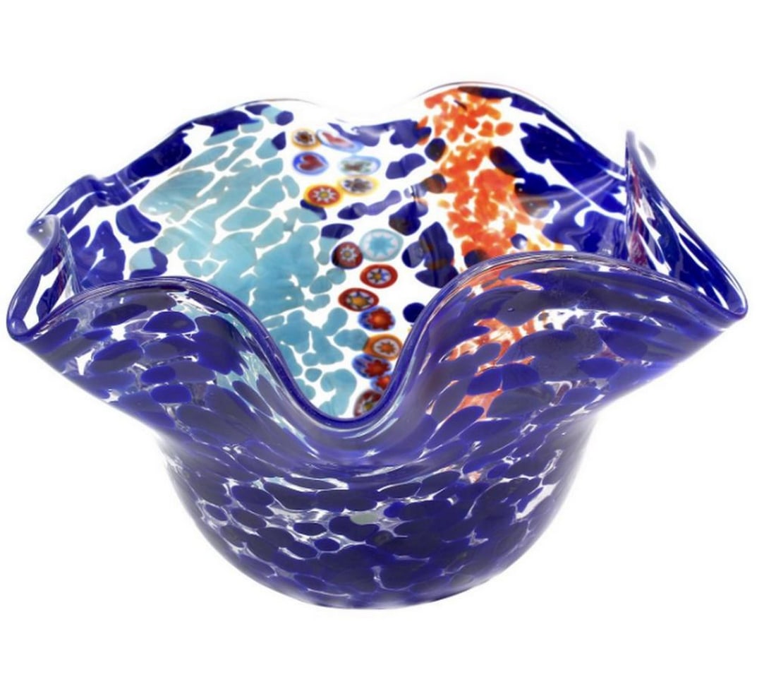 Blue Rainbow Glass Bowl Centerpiece – Handcrafted Murano Art: Blue Rainbow Glass Bowl Centerpiece – Handcrafted Murano Art Handcrafted Venetian glass bowl vase created using the traditional glassblowing technique, featuring multicolored glass accents and mille