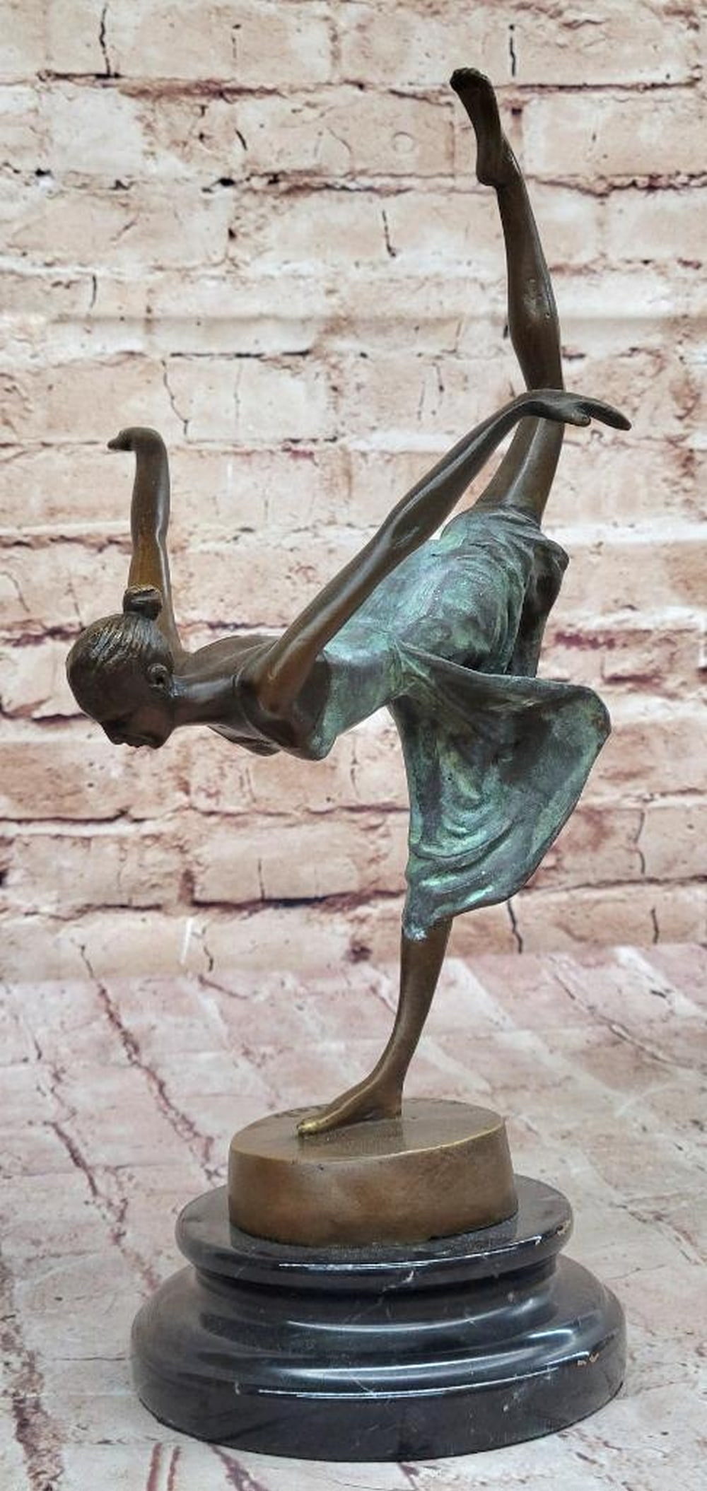 Bronze Ballet Dancer -Green Patina Dress - Original Sculpture Signed By Aldo Vitaleh-13" X 8": Bronze Ballet Dancer -Green Patina Dress - Original Sculpture Signed By Aldo Vitaleh-13" X 8" Immerse yourself in the captivating world of ballet with this exquisite bronze sculpture capturing