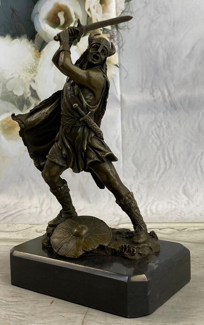 Original Viking Warrior by Kamiko Bronze Sculpture: Original Viking Warrior by Kamiko Bronze Sculpture This Viking Warrior stand in a fighting pose ready to attack whomever comes close. He protects himself with his sword, as he stands on top some stoop