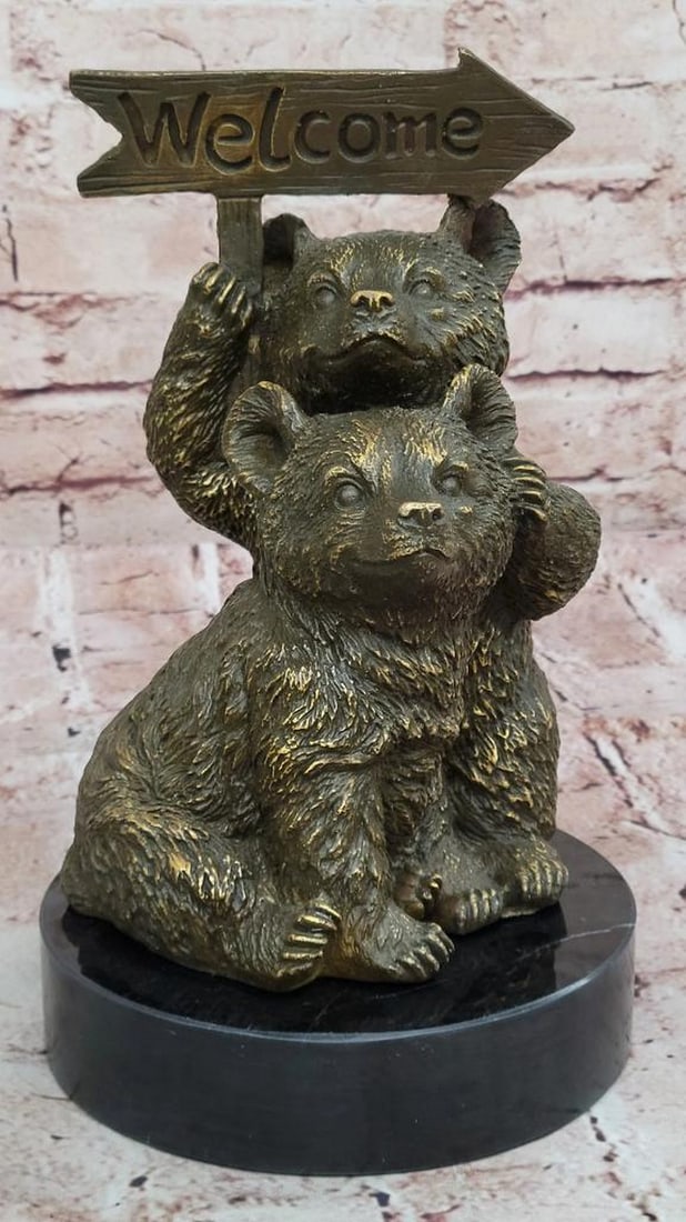Bearly Home – Welcome Duo, Bronze Sculpture by Miguel Lopez - 10" x 6": Bearly Home – Welcome Duo, Bronze Sculpture by Miguel Lopez - 10" x 6" This charming bronze sculpture titled Bearly Home – Welcome Duo features two adorable bears radiating warmth and play