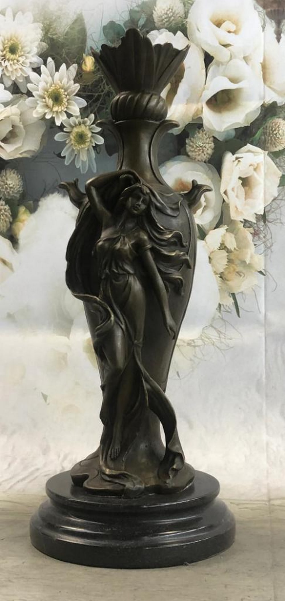 Art Deco Posing Women on Sleek Bronze Vase - 15" x 6": Art Deco Posing Women on Sleek Bronze Vase - 15" x 6" Exquisitely crafted using the Lost Wax Method, this Bronze Statue of a Seductive Woman on a marble base showcases the artist's meticul