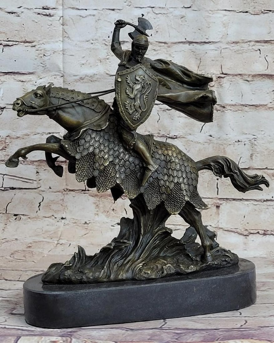 European Knight Battling on Horseback Bronze Sculpture: European Knight Battling on Horseback Bronze Sculpture This bronze representation shows the early days when Vikings revealed their strength and power.It shows the Viking in a primitive purity on top o