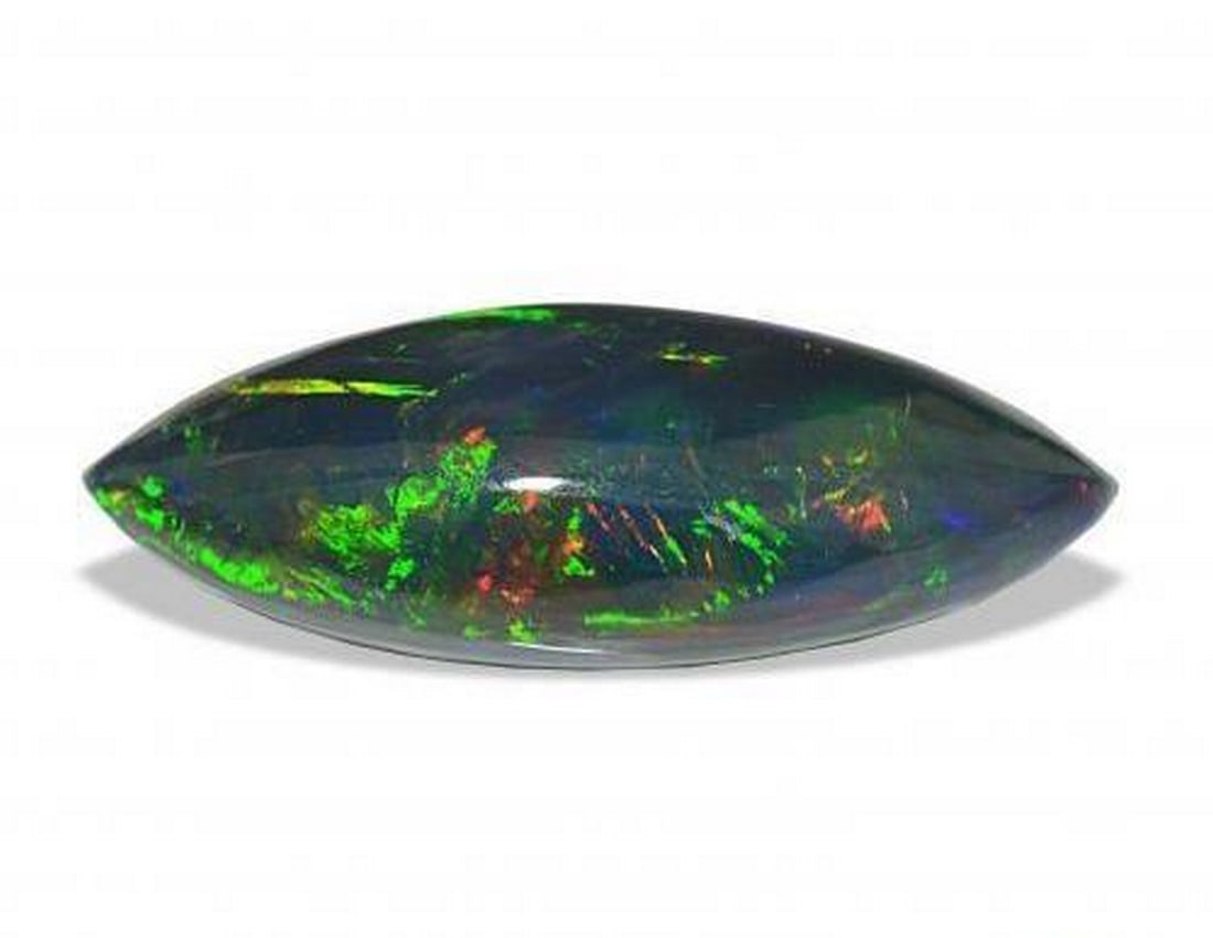 11.33ct Marquise Cabochon Natural Multicolor Black Opal Gemstone: 11.33ct Marquise Cabochon Natural Multicolor Black Opal Gemstone This 11.33ct natural black opal from Ethiopia displays a vivid multicolor play-of-color over a deep, smoky base. Cut in a striking marq