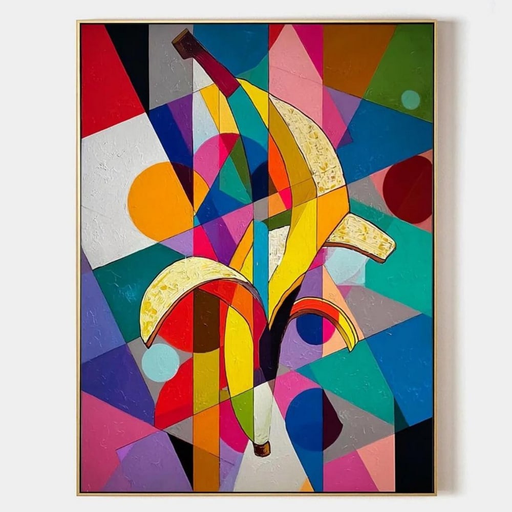 Banana Reverie Abstract Pop Art Oil Canvas Painting: Banana Reverie Abstract Pop Art Oil Canvas Painting Add a burst of color and whimsy to your space with Banana Reverie, a bold abstract pop art oil canvas painting. Featuring a stylized peeled banana s