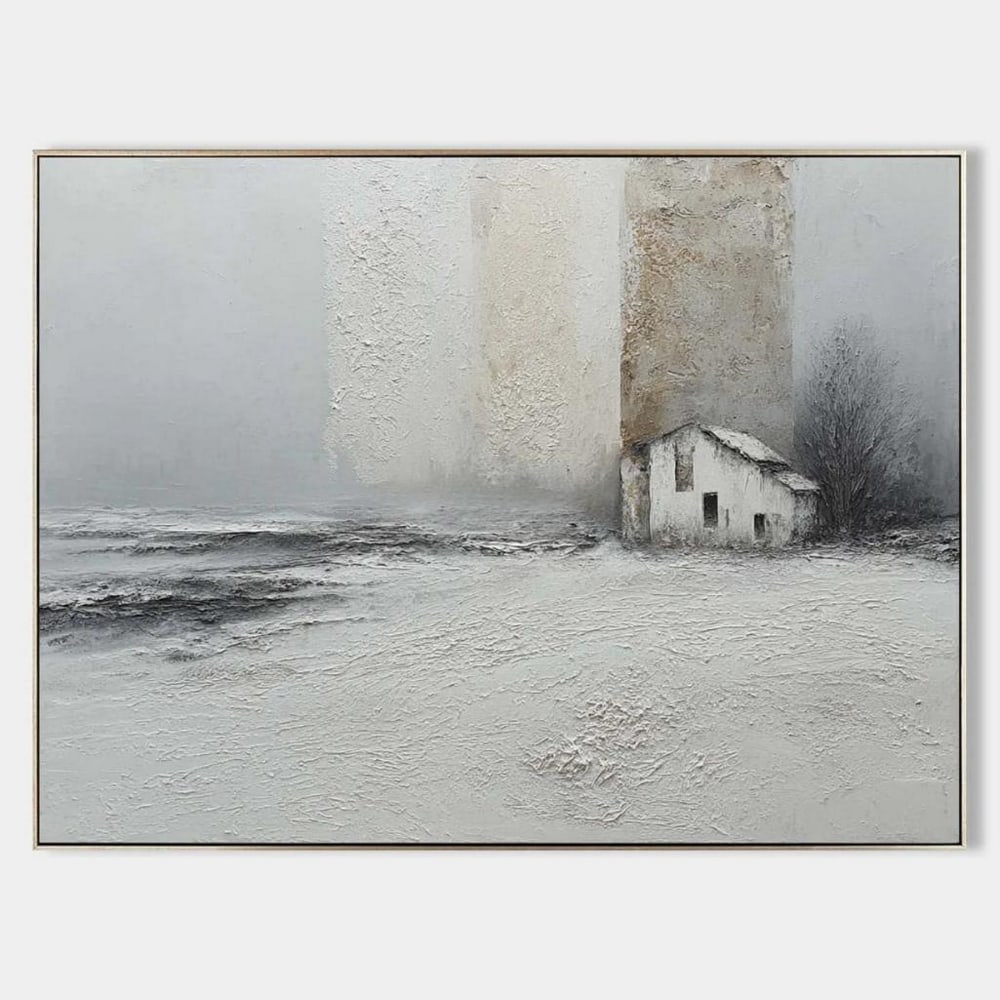 Winter Refuge Textured Landscape Oil Canvas Painting: Winter Refuge Textured Landscape Oil Canvas Painting Bring quiet beauty to your space with Winter Refuge, a textured landscape oil canvas painting that captures the serene isolation of a snowy scene. 