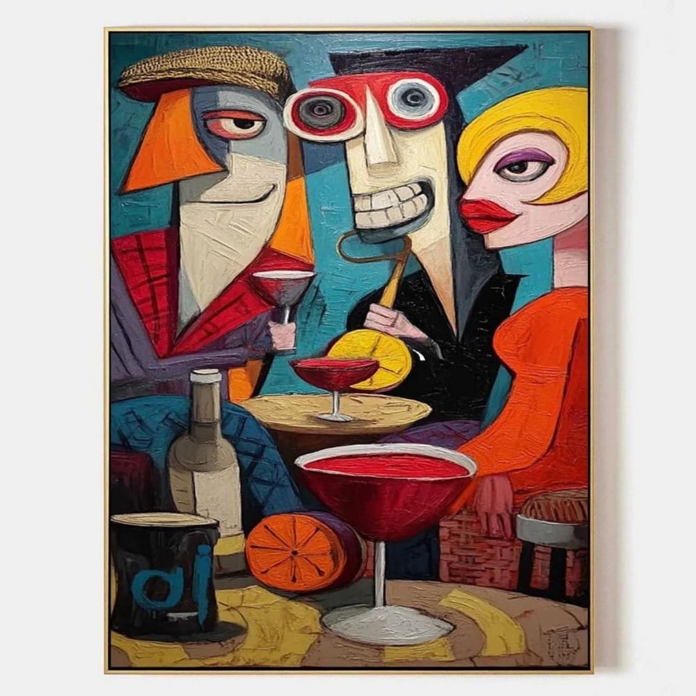 Social Vibes Cubist Pop Art Oil Canvas Painting: Social Vibes Cubist Pop Art Oil Canvas Painting Add a splash of personality to your space with Social Vibes, a cubist pop art oil canvas painting that celebrates connection and color. Three stylized f
