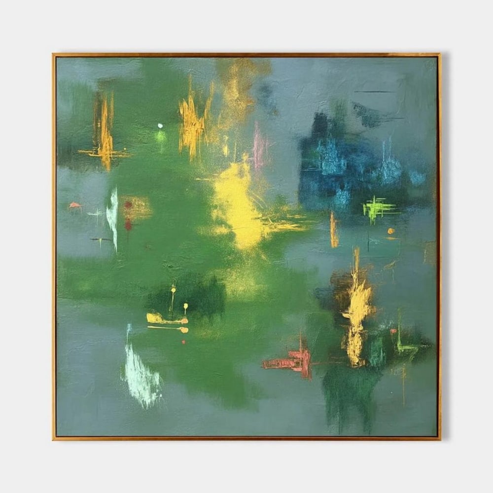 Color Drift Abstract Expressionist Oil Canvas Painting: Color Drift Abstract Expressionist Oil Canvas Painting Invite emotion and movement into your space with Color Drift, an abstract expressionist oil canvas painting. Layered brushstrokes in green, yello