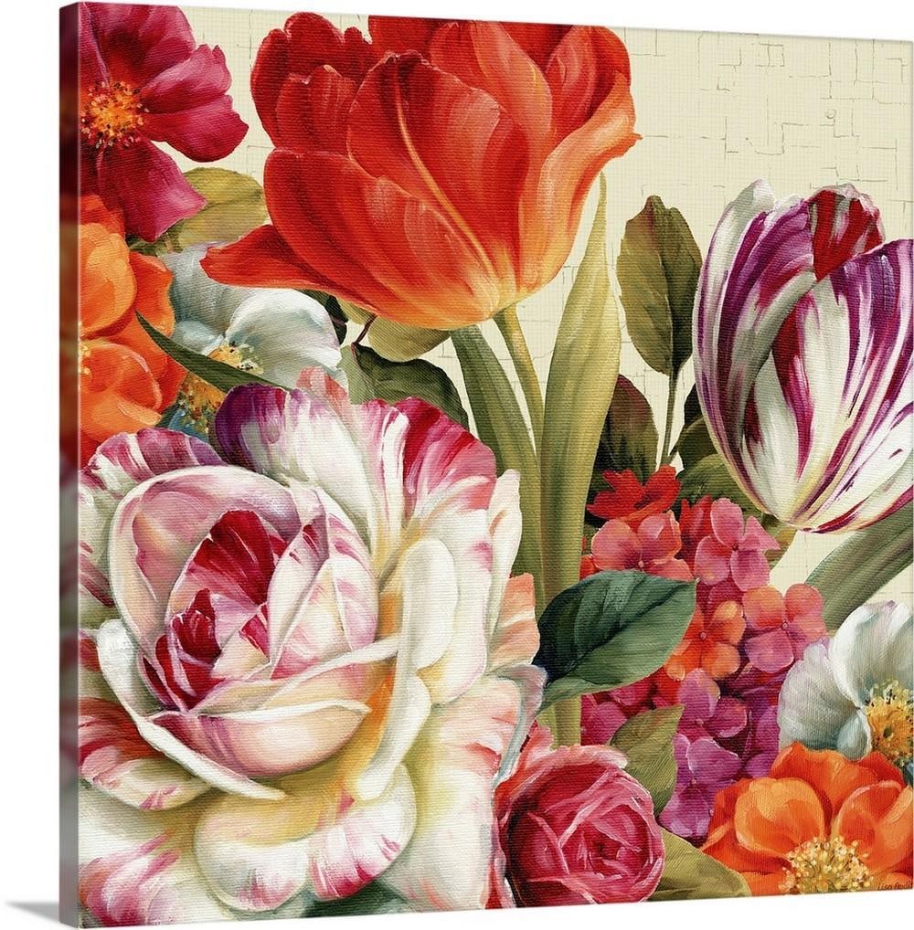 Garden View Tossed Florals – Canvas Reproduction: Garden View Tossed Florals – Canvas Reproduction Garden View Tossed Florals presents a vibrant arrangement of blossoms in a bold, contemporary style. The colorful composition highlights a mix of