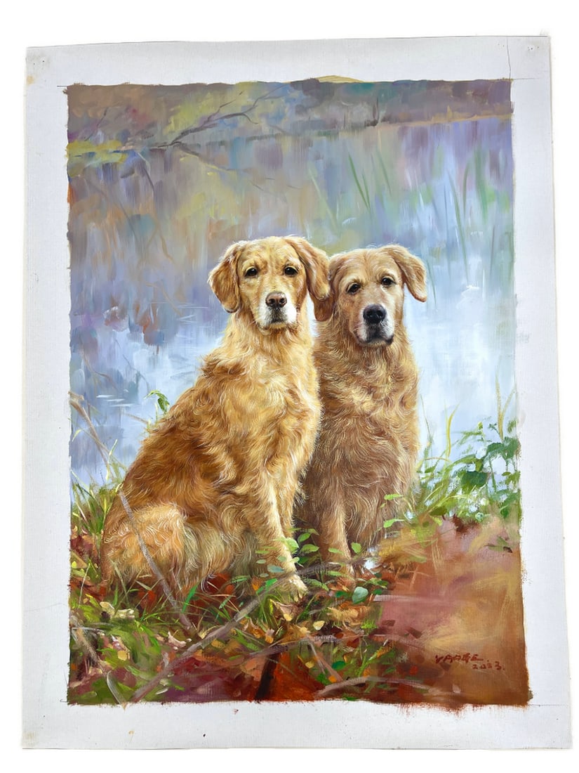 Golden Retrievers Duo Original Acrylic Painting Signed By Artist Yaoge - 20" x 28" (1 of 8)