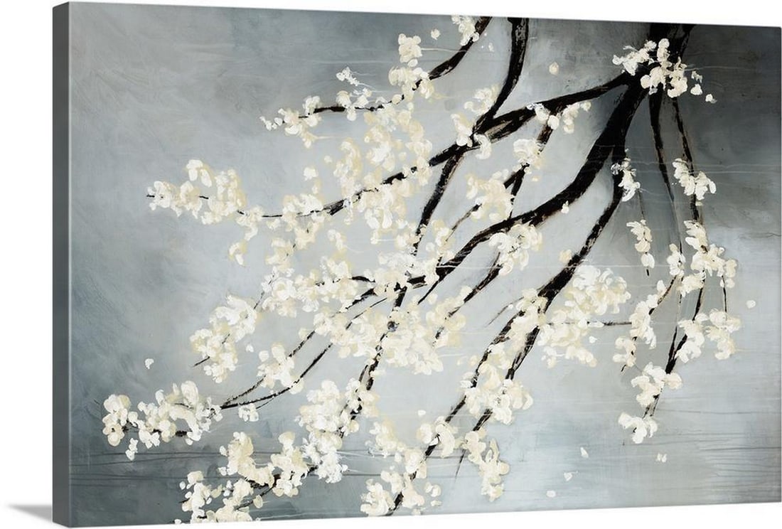 Blossoming Cherry Tree Canvas Reproduction Print: Blossoming Cherry Tree Canvas Reproduction Print Contemporary drawing of blooming white flowers on the dark branches of a cherry tree hanging down from the top. Artist: Kari Taylor Previously a