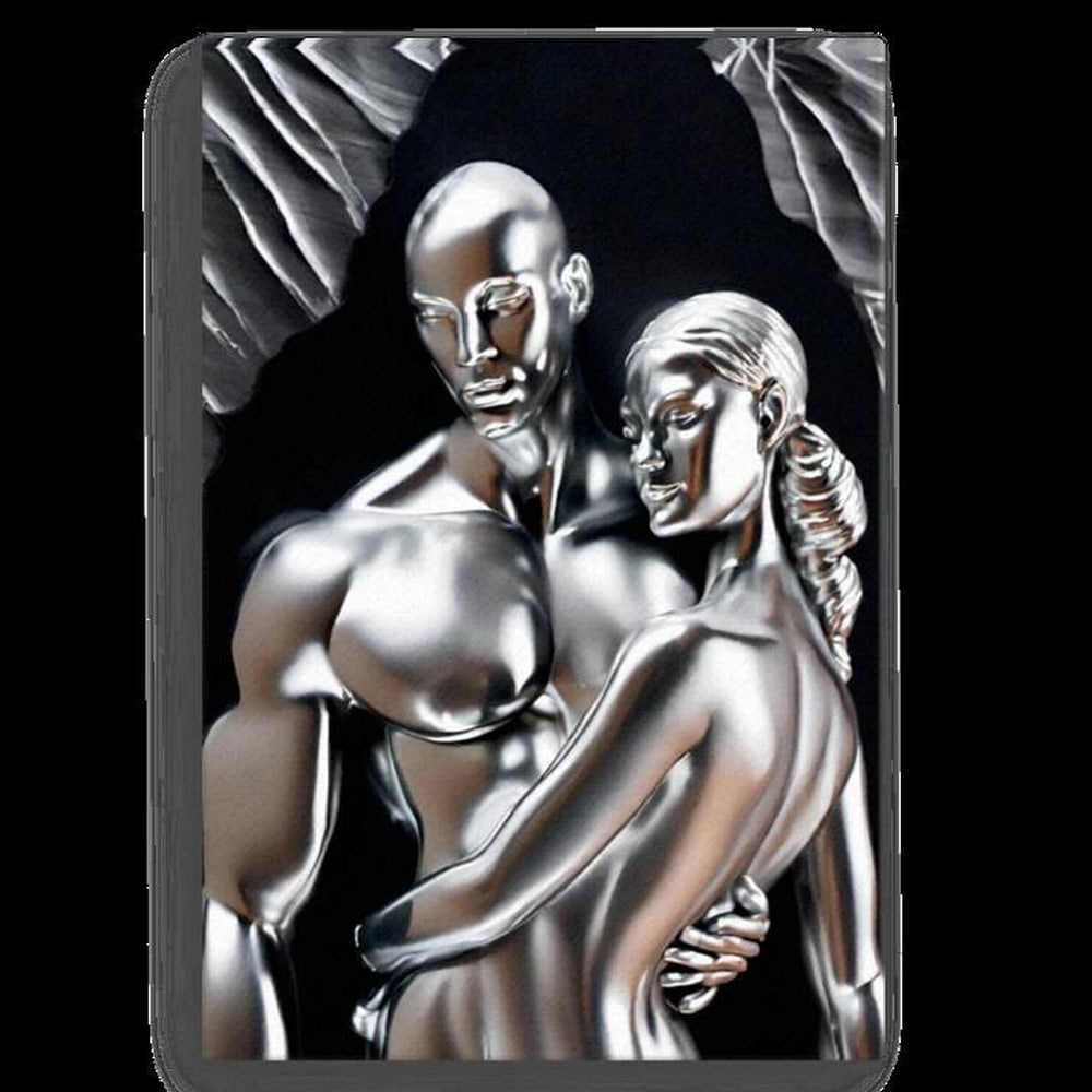 The Metal Embrace Picture: The Metal Embrace Picture. This artwork captures the beauty of connection through the stunning depiction of a shiny metal couple in an intimate embrace. The polished surfaces of the figures create cap