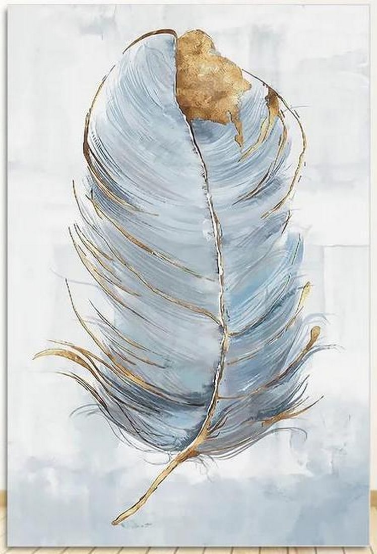 Blue-Gold Tranquility Feather Picture: Blue-Gold Tranquility Feather Picture. Elevate your space with this stunning blue feather art accented with elegant gold details. This captivating artwork features a delicately textured feather in ric