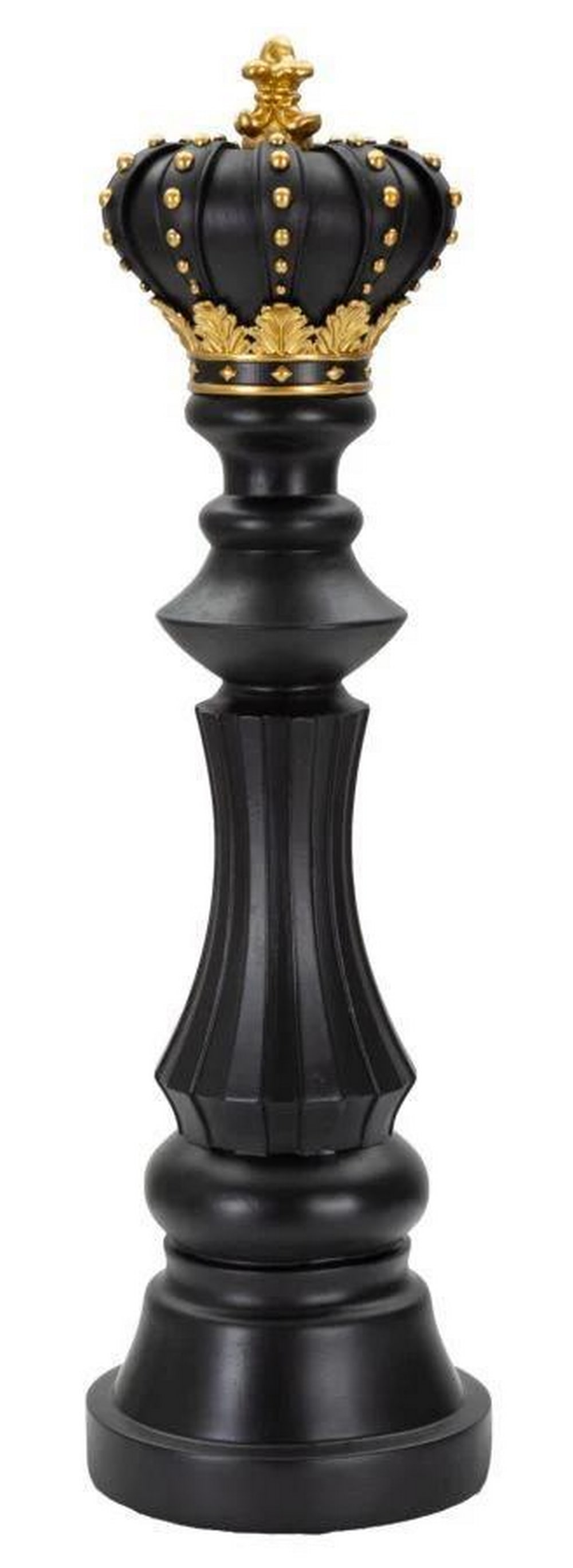 Black Chess King Sculpture with Golden Accents: Black Chess King Sculpture with Golden Accents This striking decorative chess king sculpture features a sleek black finish accented with elegant golden details. Crafted from durable polyresin, it make