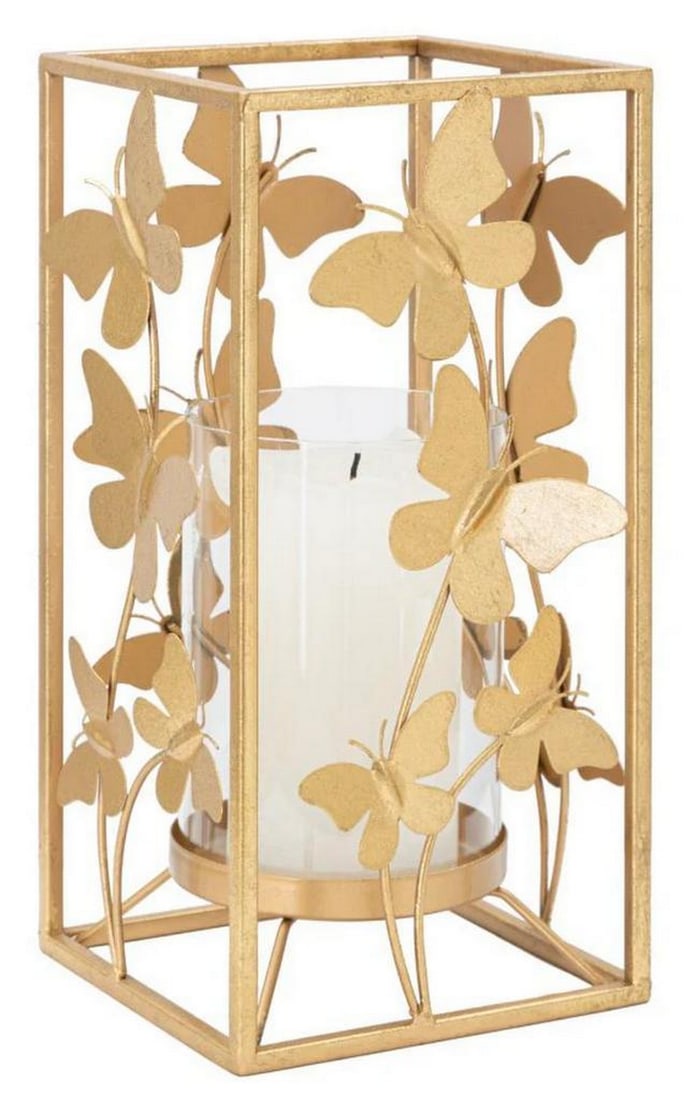 Square Candle Holder with Glamorous Gold Metal Butterfly Design: Square Candle Holder with Glamorous Gold Metal Butterfly Design This square candle holder features an elegant butterfly design in glamorous gold metal. With its intricate detailing, it adds a touch of