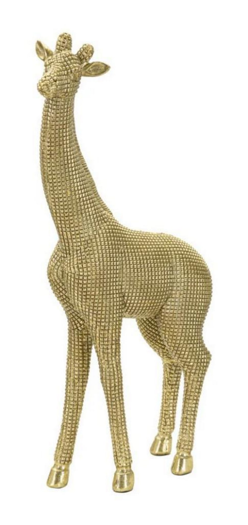 Golden Giraffe Statue with Check Pattern: Golden Giraffe Statue with Check Pattern Add a touch of playful elegance to your décor with this golden giraffe sculpture, featuring a unique checkered design and sleek modern form. Crafted from dura