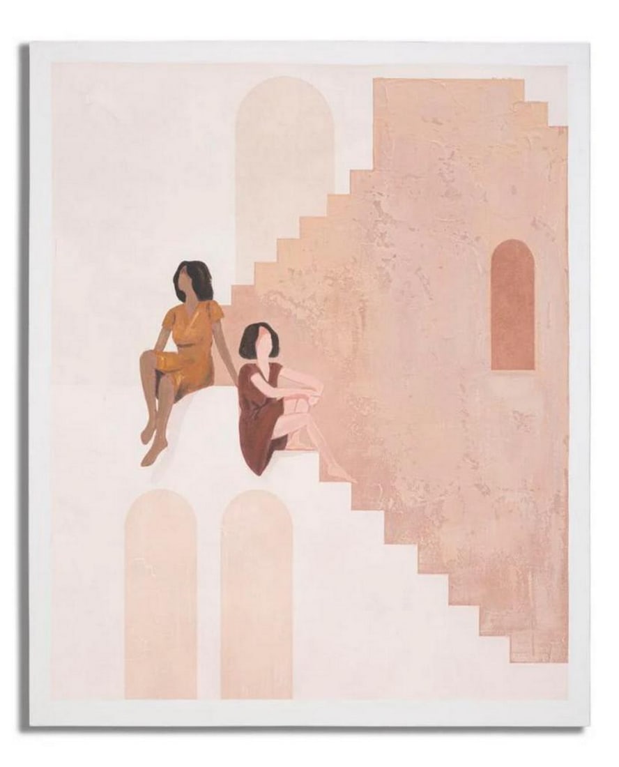 Brown Abstract Boho Chic Women on Stairs – Hand-Finished Canvas Painting: Brown Abstract Boho Chic Women on Stairs – Hand-Finished Canvas Painting This captivating canvas painting features an abstract portrayal of two women seated on stairs, rendered in warm brown tones