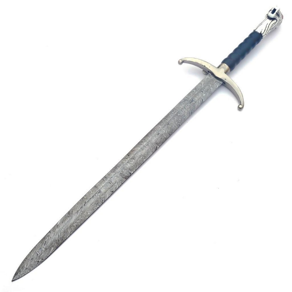 30" Brass & Blue Handled Arming Sword: 30" Brass & Blue Handled Arming Sword Each blade is created Using 256 Layers Of 1095 and 15N20 High Carbon Steels?????? To Produce A Superior Edge And Maintain A High Tensile Strength In the