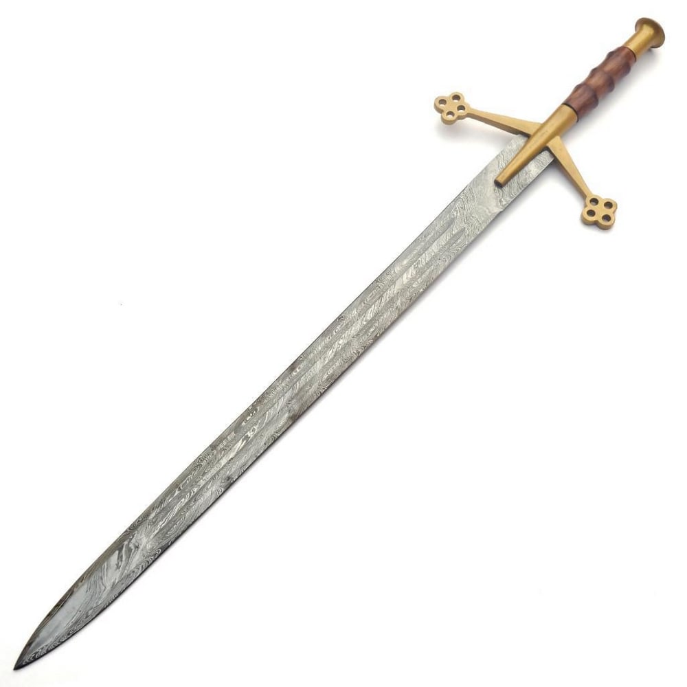 36" Brass Hilt & Pommel Damascus Long Sword: 36" Brass Hilt & Pommel Damascus Long Sword. Sporting A Strong Double Edge & Brass & Wood Handle, This Is An Excellent Sword TO Add To Any Collection. Each blade is created Using 256 L