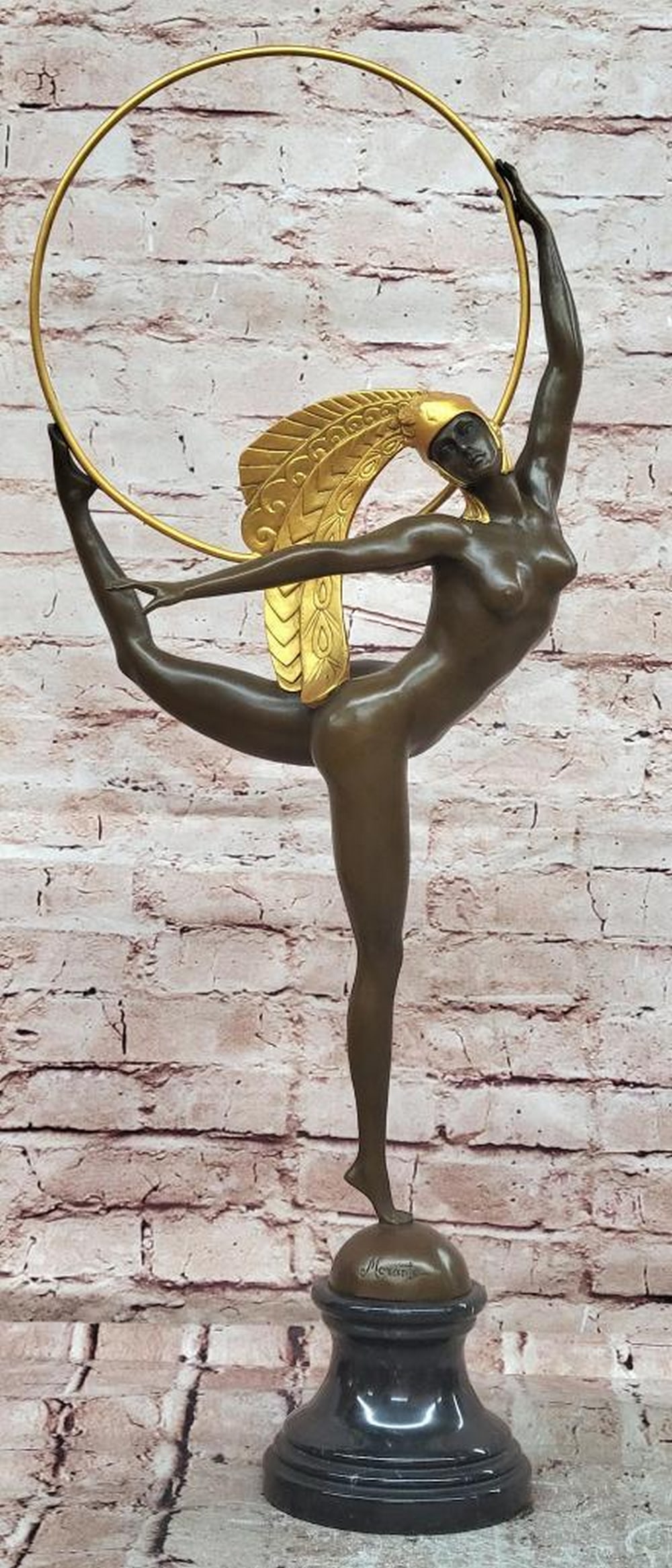 Art Deco Hoop Dancer Bronze Sculpture in the Manner of Morante - 27" x 11.5": Art Deco Hoop Dancer Bronze Sculpture in the Manner of Morante - 27" x 11.5" Introducing a Striking Bronze Sculpture: This depiction of a graceful hoop dancer is meticulously handcrafted with 