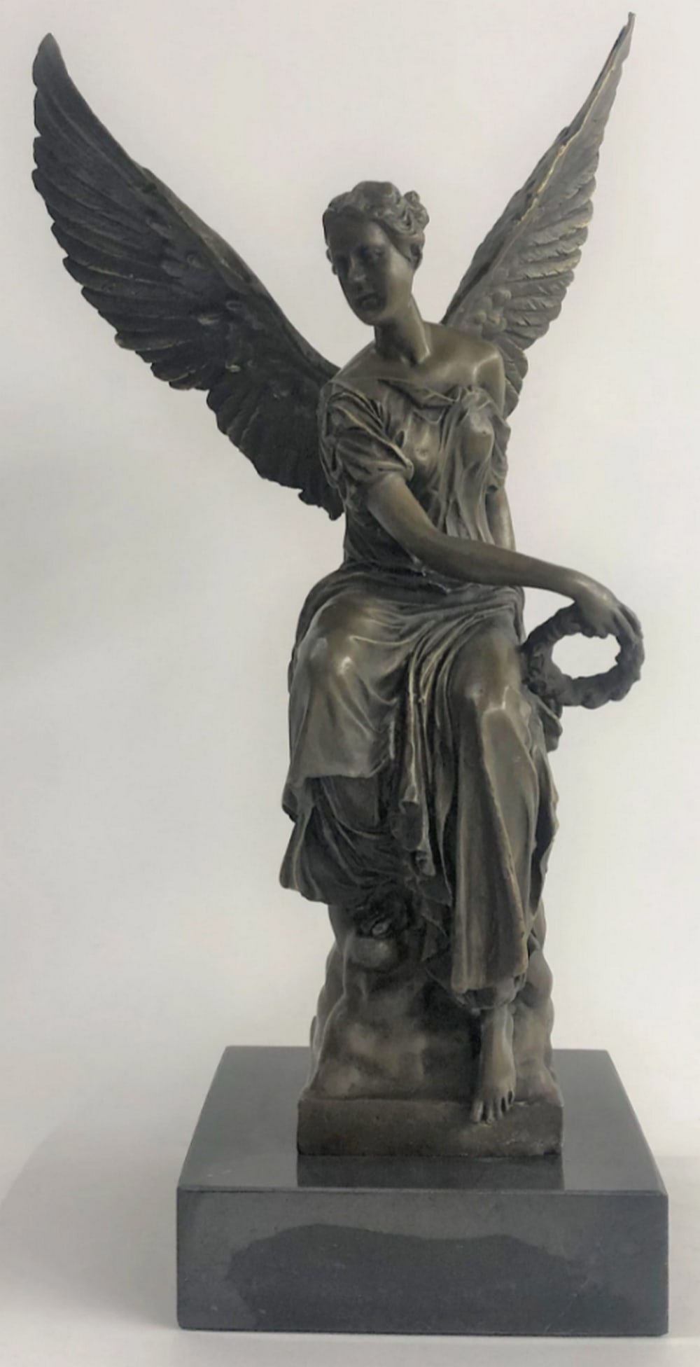 Angel Sitting on Celestial Throne Bronze Sculpture Signed by Moreau: Angel Sitting on Celestial Throne Bronze Sculpture Signed by Moreau The beautiful angel sits upon her celestial throne having surveyed an earthly battle. She is captured in the likeness of ancient Rom