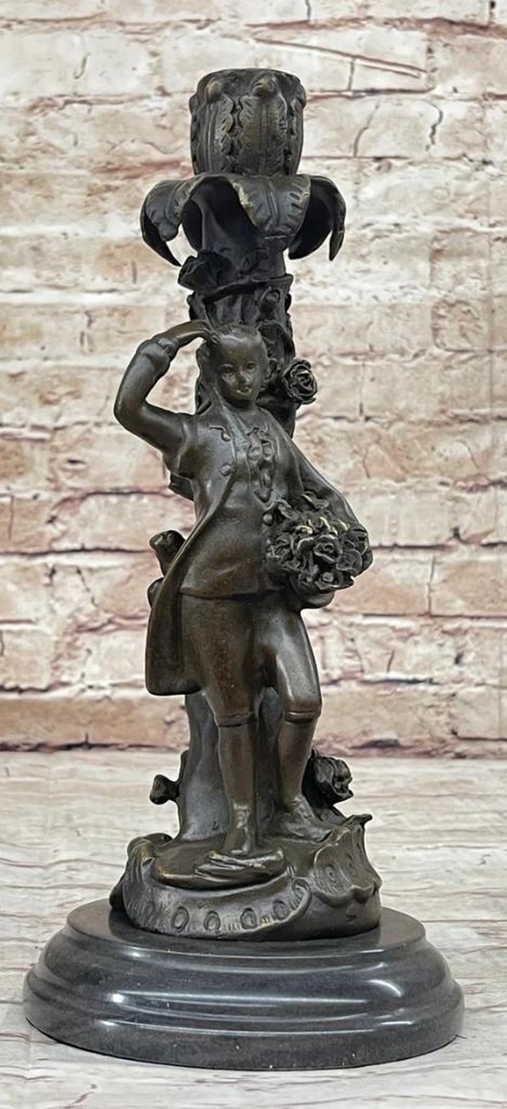 Colonial Elegance: Original Bronze Candle Holder Statue Signed by Evan Stone - 12" x 5": Colonial Elegance: Original Bronze Candle Holder Statue Signed by Evan Stone - 12" x 5" Transport yourself back to the colonial era with this exquisite bronze candle holder statue of a dignifi