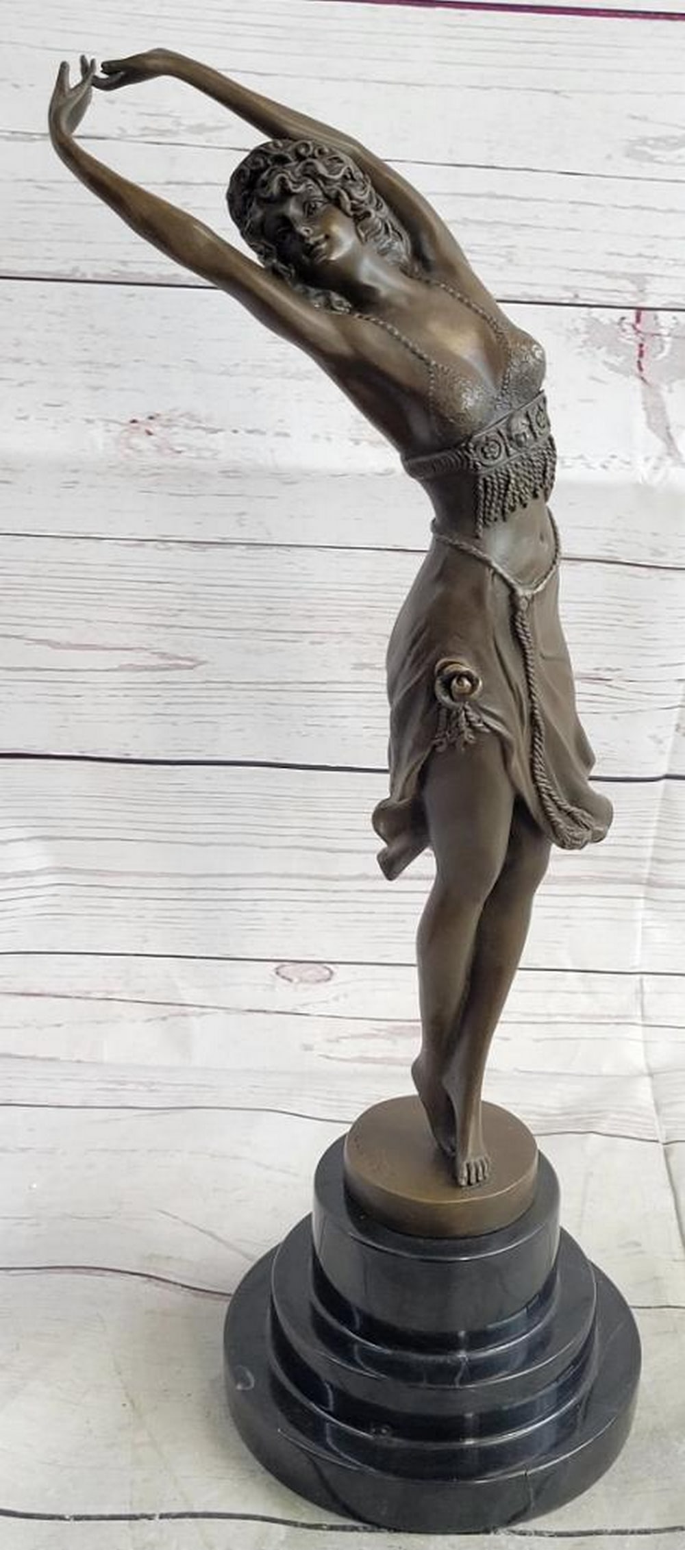 Art Deco Graceful Ballerina Original Bronze Sculpture - 15.5" x 6": Art Deco Graceful Ballerina Original Bronze Sculpture - 15.5" x 6" This captivating sculpture portrays a graceful dancer swept away by the wind, embodying freedom and beauty. With one hand rai