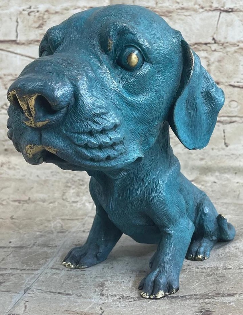 Loving Labrador Pup Original Bronze Statue in Green Patina Signed by Moore - 8" x 9": Loving Labrador Pup Original Bronze Statue in Green Patina Signed by Moore - 8" x 9" Introducing our Loving Labrador Pup Bronze Statue—an endearing depiction of a playful Labrador puppy. Wit
