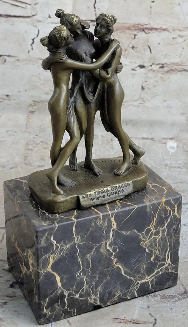 Antonio Canova's Signed "Three Graces" Inspired Bronze Sculpture on Marble Base - 8" x 4": Antonio Canova's Signed "Three Graces" Inspired Bronze Sculpture on Marble Base - 8" x 4" Transport yourself to the realm of classical elegance with the Three Graces, a timeless sc