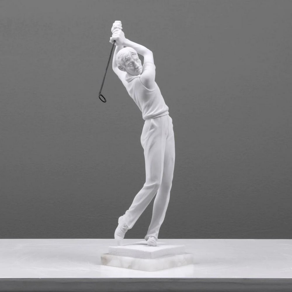 Dedicated Golfer White Carrara Marble Sculpture (1.5lbs): Dedicated Golfer White Carrara Marble Sculpture (1.5lbs) Golf is a club-and-ball sport in which players use various clubs to hit balls into a series of holes on a course in as few strokes as possible.