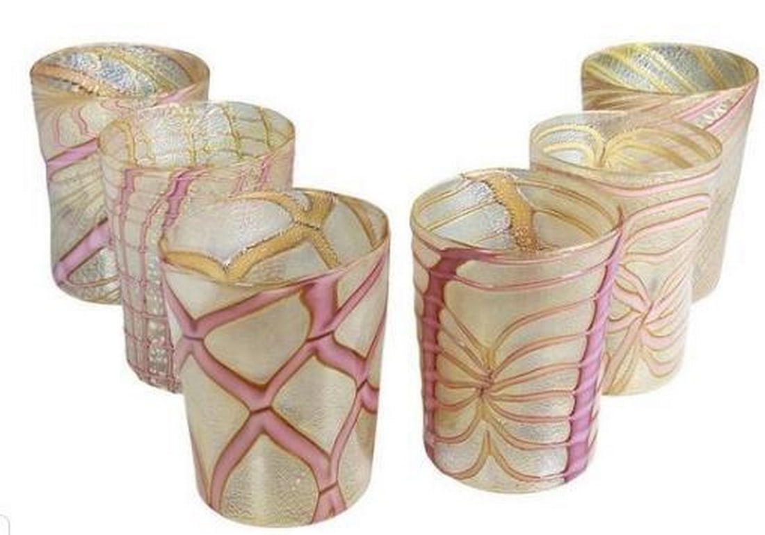 Set of 6 Handcrafted Murano Glass Cream & Soft Brown Glasses: Set of 6 Handcrafted Murano Glass Cream & Soft Brown Glasses. This exquisite set of six handcrafted Murano glass glasses is a true masterpiece, meticulously blown. Each glass features a soft cream