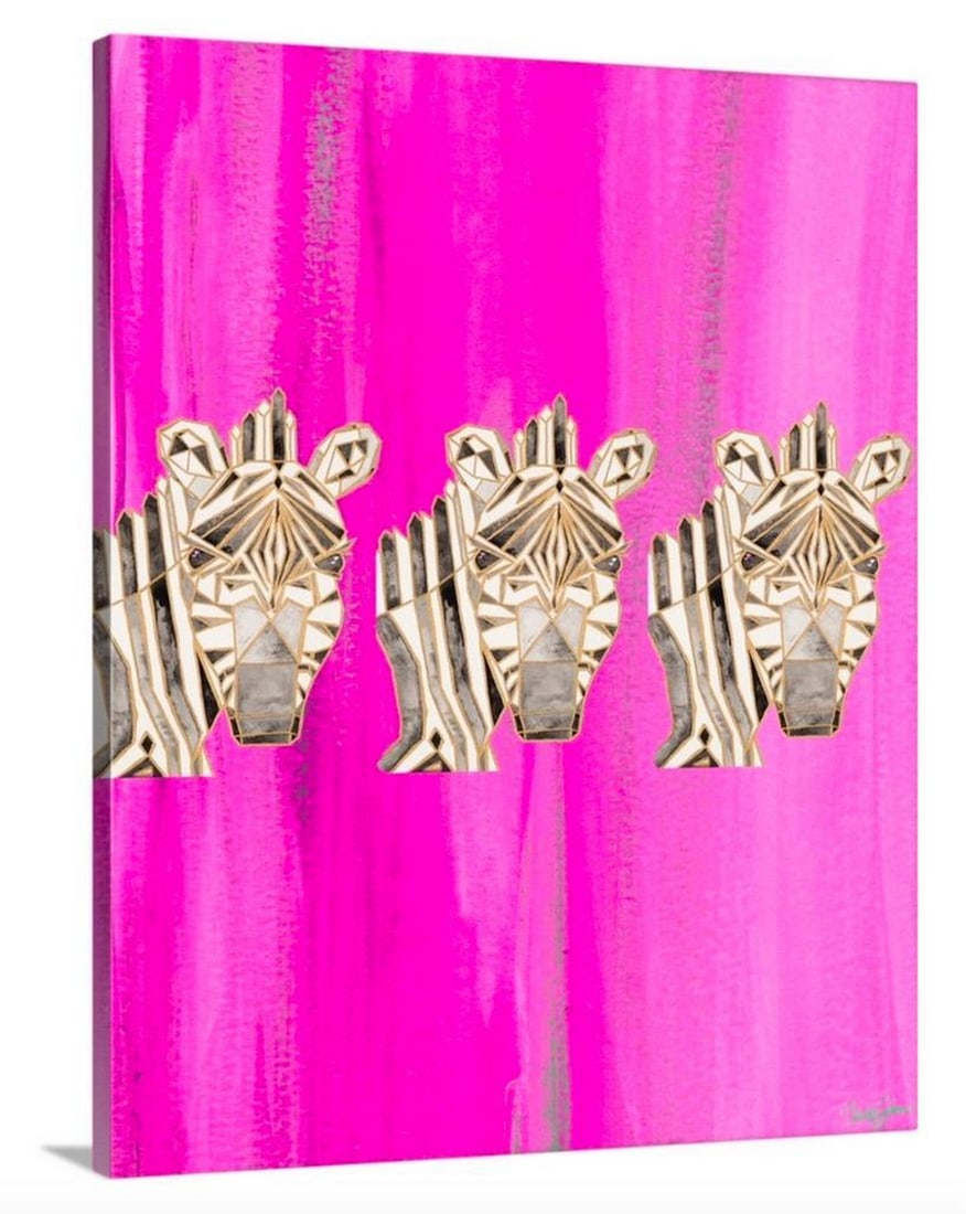 Bright Pink Tri Zebra Canvas Reproduction: Bright Pink Tri Zebra Canvas Reproduction Painting of three zebras created with metallic gold geometrical shapes on a bright pink background. Nola James is a creator of colorful imagery, specializing 