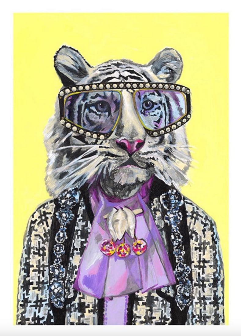 Artsy White Tiger Dressed Up Poster: Artsy White Tiger Dressed Up Poster Poster of a tiger with detailed glasses, a black & white patterned jacket and a purple scarf with a yellow background. This poster has a white margin around the