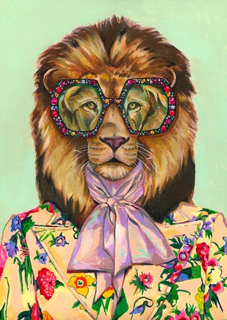 Artsy Lion Dressed Up Poster: Artsy Lion Dressed Up Poster A lion wearing big glasses, a scarf and a flower-patterned jacket on a green background. Artist: Heather Perry Dimensions: 20" x 28" View Photos For Further Detail