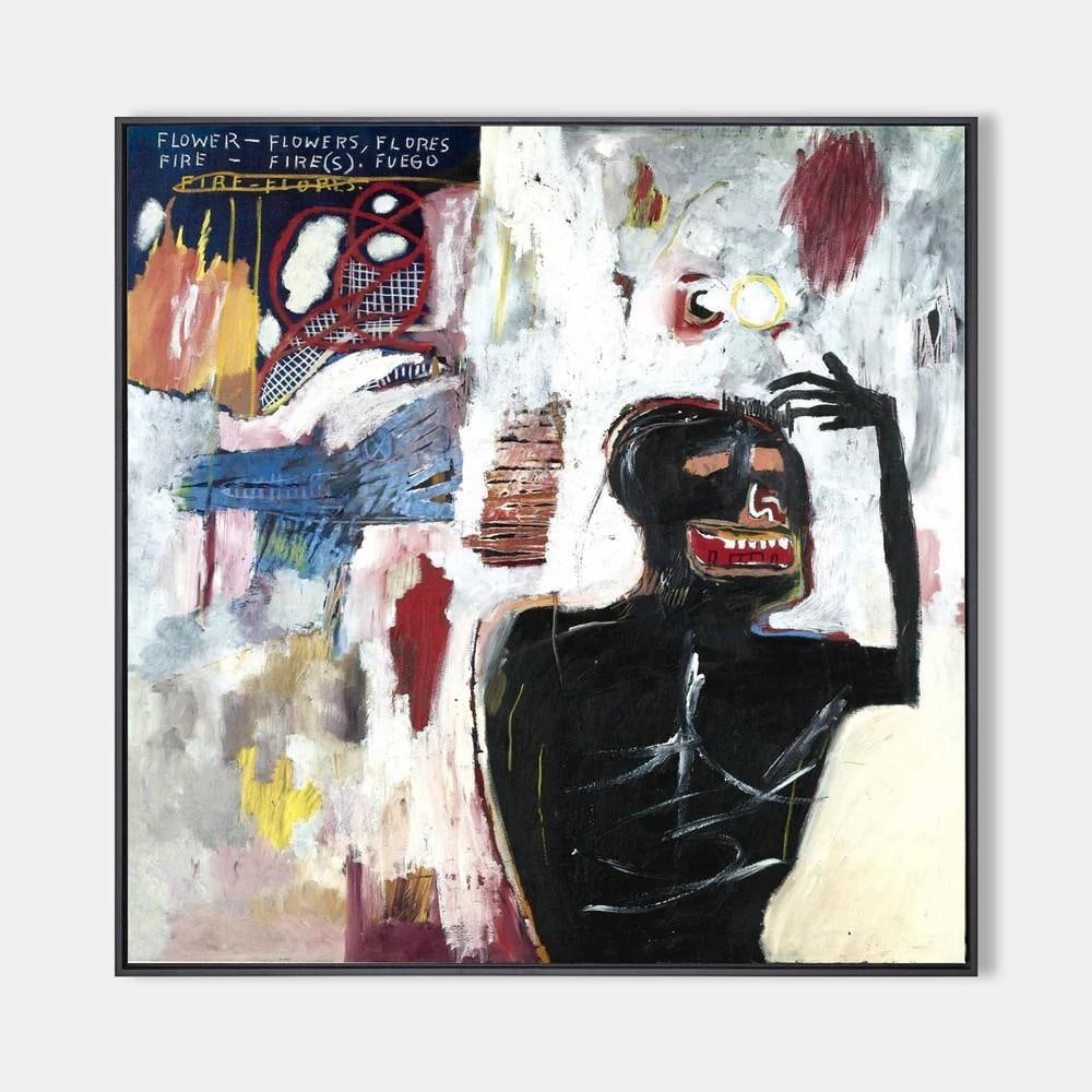 Framed Inspired Fuego Flores Basquiat 1983 Abstract Graffiti Canvas Art Painting: Framed Inspired Fuego Flores Basquiat 1983 Abstract Graffiti Canvas Art Painting Bring bold energy to your space with the "Framed Inspired Fuego Flores Basquiat 1983 Abstract Graffiti Canvas Art P