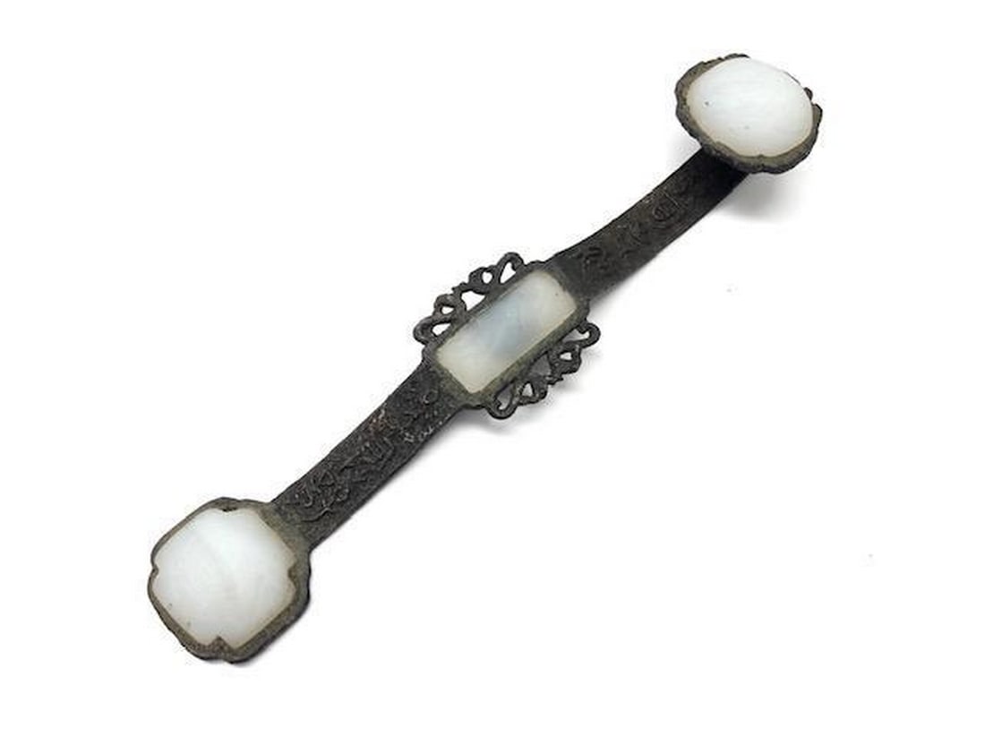 Ancient Chinese Ruyi Scepter In Bronze And White Jade: Ancient Chinese Ruyi Scepter In Bronze And White Jade. Ruyi is a curved decorative object that serves as either a ceremonial sceptor in Chinese Buddhism or talisman symbolizing power and good fortune