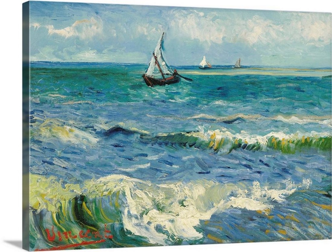 Seascape at Les Saintes-Maries Wall Art by Vincent van Gogh Canvas Reproduction - 18" x 24": Seascape at Les Saintes-Maries Wall Art by Vincent van Gogh Canvas Reproduction - 18" x 24" Vincent van Gogh’s Seascape Near Les Saintes-Maries-de-la-Mer (1888) is a captivating oil