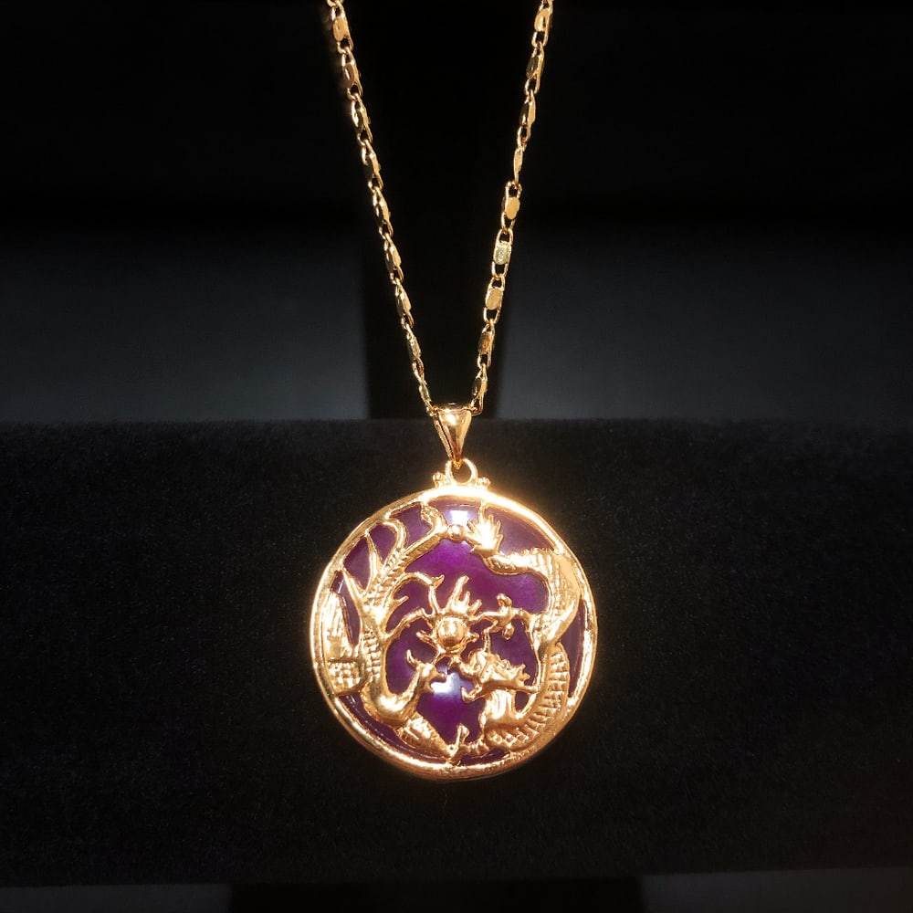 Dragon Phoenix Mount Necklace With Carved Purple Jade On 14Kt Plated Necklace: Dragon Phoenix Mount Necklace With Carved Purple Jade On 14kt Plated Necklace. A Very Fine Piece Of Purple Hued Jade Mounted Inside A Circular Phoenix Pendant. This Lovely Pendant Will Catch The Eye