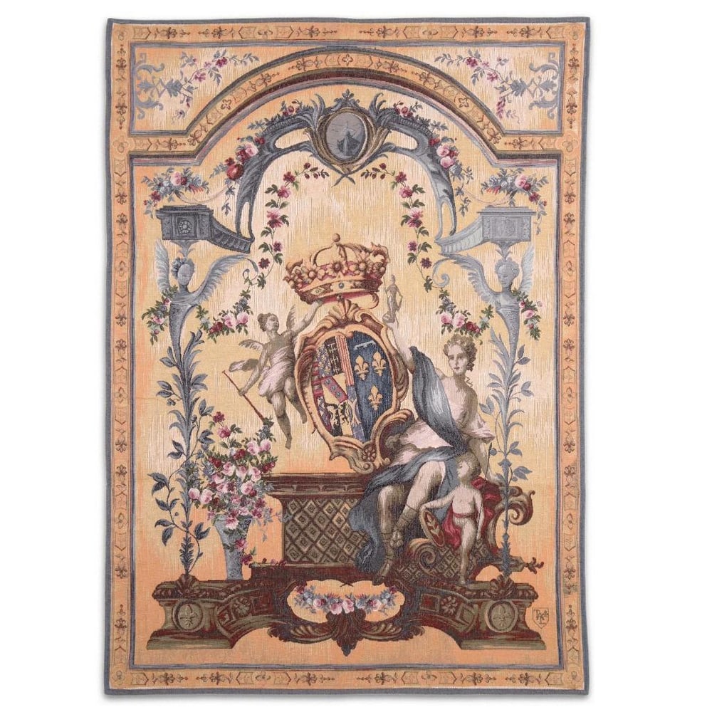Lady with the Coat of Arms: Elizabeth Charlotte's Wedding Bliss Tapestry - 58.5" x 42.9": Lady with the Coat of Arms: Elizabeth Charlotte's Wedding Bliss Tapestry - 58.5" x 42.9" Elevate your living space with our "Legacy of Love: Elizabeth Charlotte's Wedding Bliss