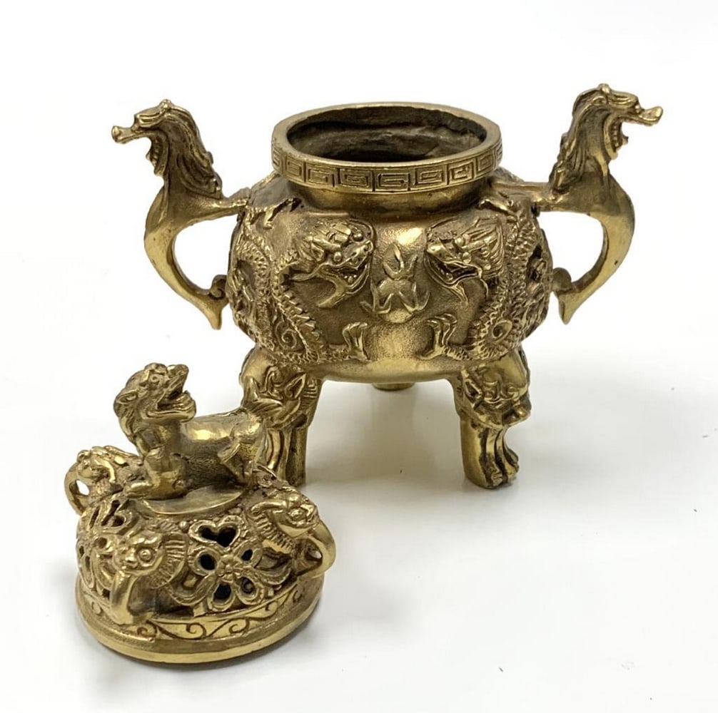 Ancient Bronze Handmade Incense Burner With Dragon Statues And Lion Lid: Ancient Bronze Handmade Incense Burner With Dragon Statues And Lion Lid View Photos For Further Details.