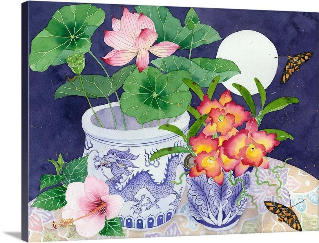Still Life With Lotus And Orchids Canvas Reproduction by Gabby Malpas: Still Life With Lotus And Orchids Canvas Reproduction by Gabby Malpas Gabby Malpas Gabby Malpas’s watercolor paintings can be interpreted as purely decorative, but she conveys her unique life experi